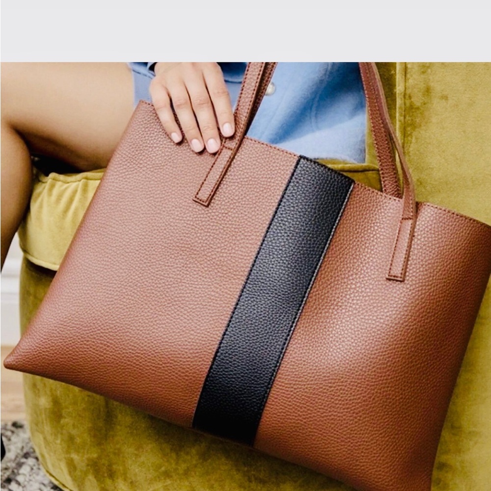 VINCE CAMUTO Tumbled Faux Leather Tote,Rich Chestnut Brown,Black Stripe.NWOT NEW